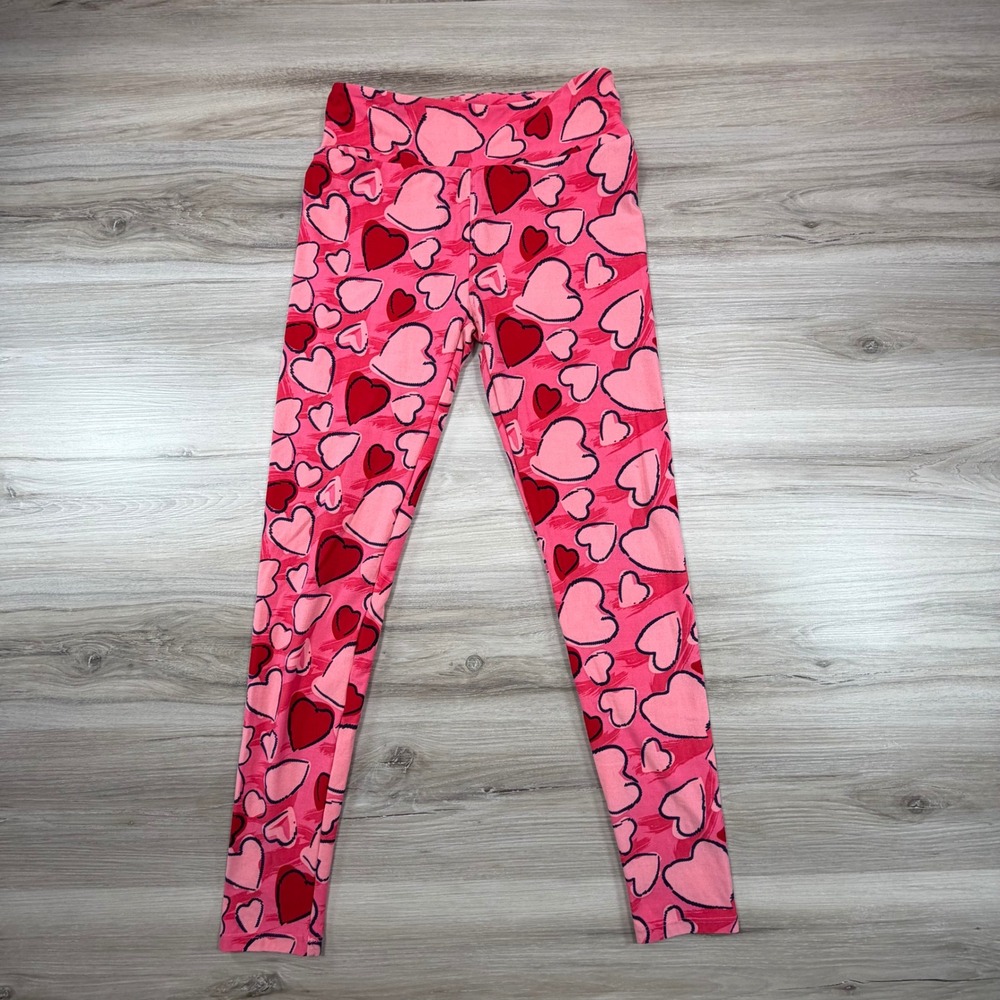 LuLaRoe Pink Red Heart Print Leggings Womens‎ One Size OS Valentine Soft Stretch